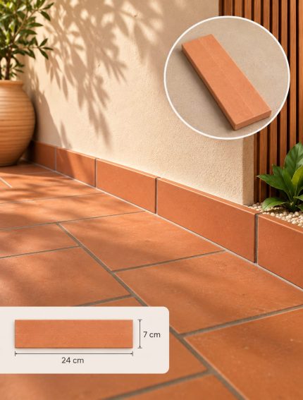 Rodapé cerâmico 7 x 24 x 1 cm em tom terracota, de formato retangular